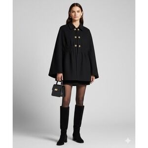 Green With Envy Vtg Blk Cinched Waist Cape Coat Sz L Office Siren Preppy Baddie